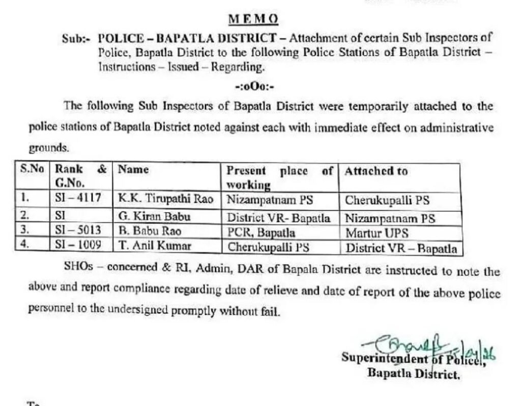 బాపట్ల జిల్లాలో నలుగురు ఎస్ఐలు బదిలీలు