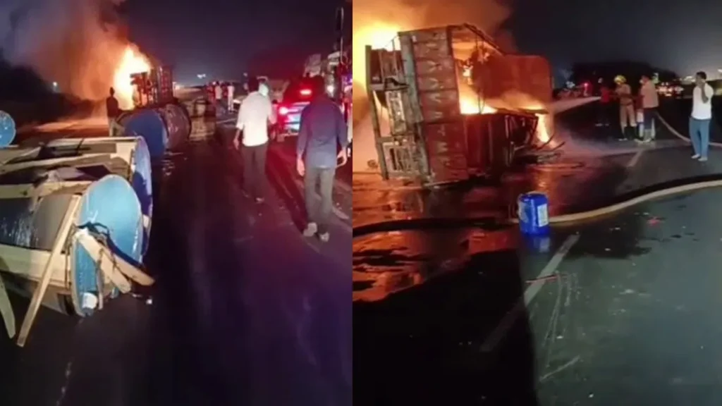 లోడుతో వెళ్తున్న లారీలో మంటలు.. తప్పిన పెను ప్రమాదం..!