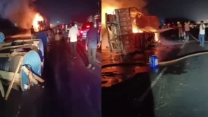 లోడుతో వెళ్తున్న లారీలో మంటలు.. తప్పిన పెను ప్రమాదం..!