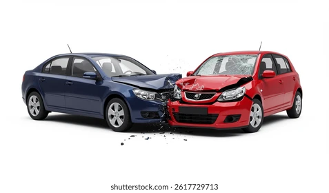 రెండు కార్లు ఒకదానిని మరొకటి ఢీ.